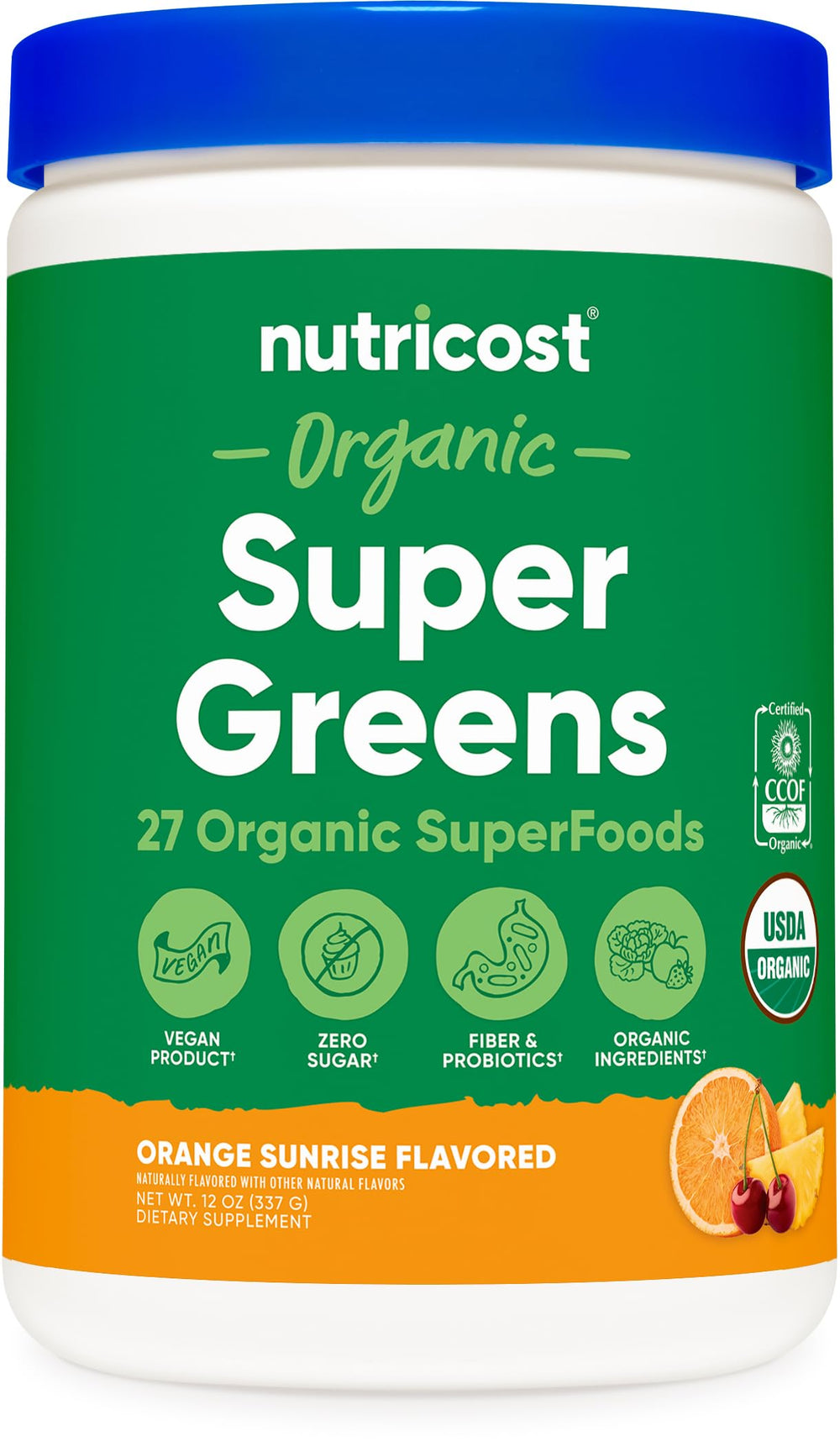 Nutricost Organic Super Greens orange sunrise bottle supports daily nutrition.