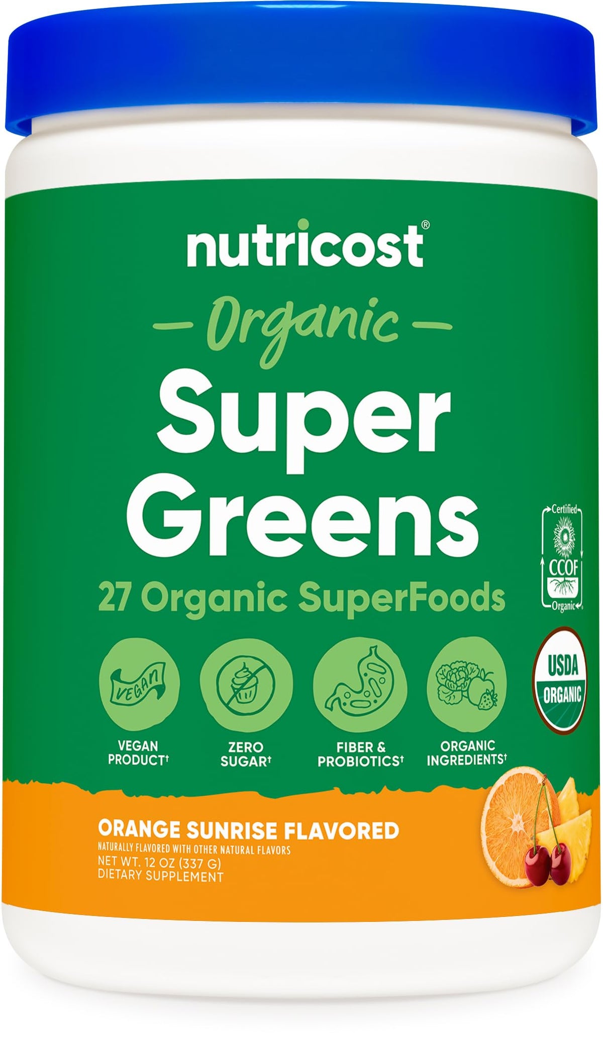 Nutricost Organic Super Greens orange sunrise bottle supports daily nutrition.