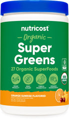 Nutricost Organic Super Greens orange sunrise bottle supports daily nutrition.