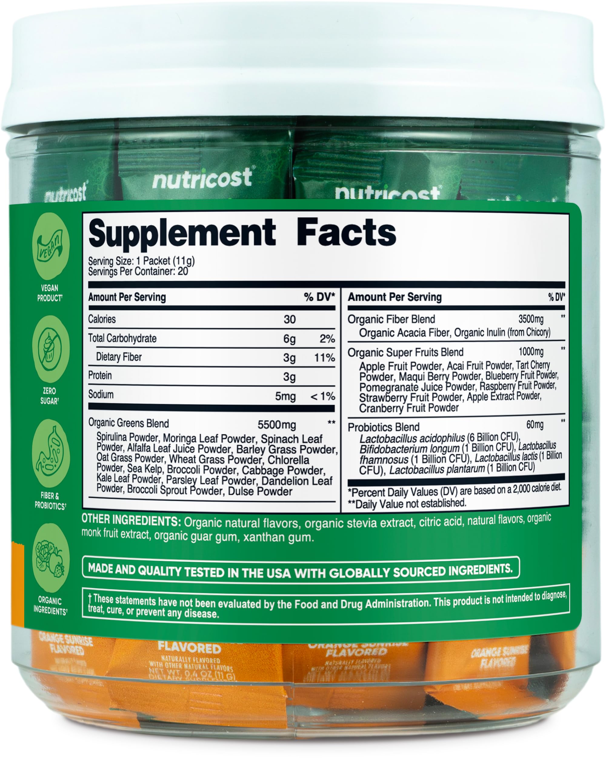 Nutricost Organic Super Greens Orange Sunrise on a kitchen counter signals quality and convenience.