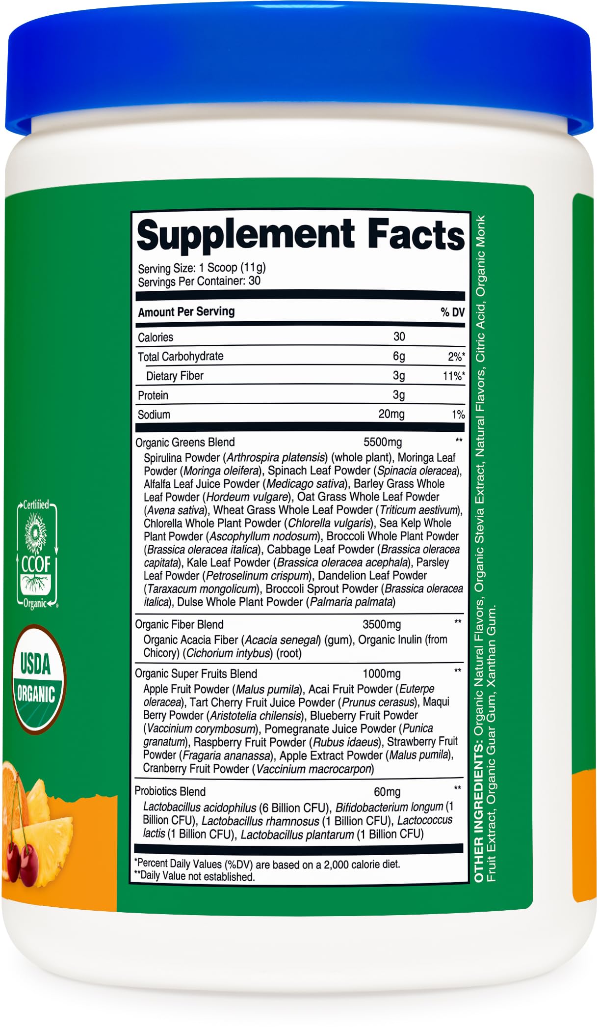 Nutricost Organic Super Greens ingredients blend on label highlights organic greens for daily nutrition.