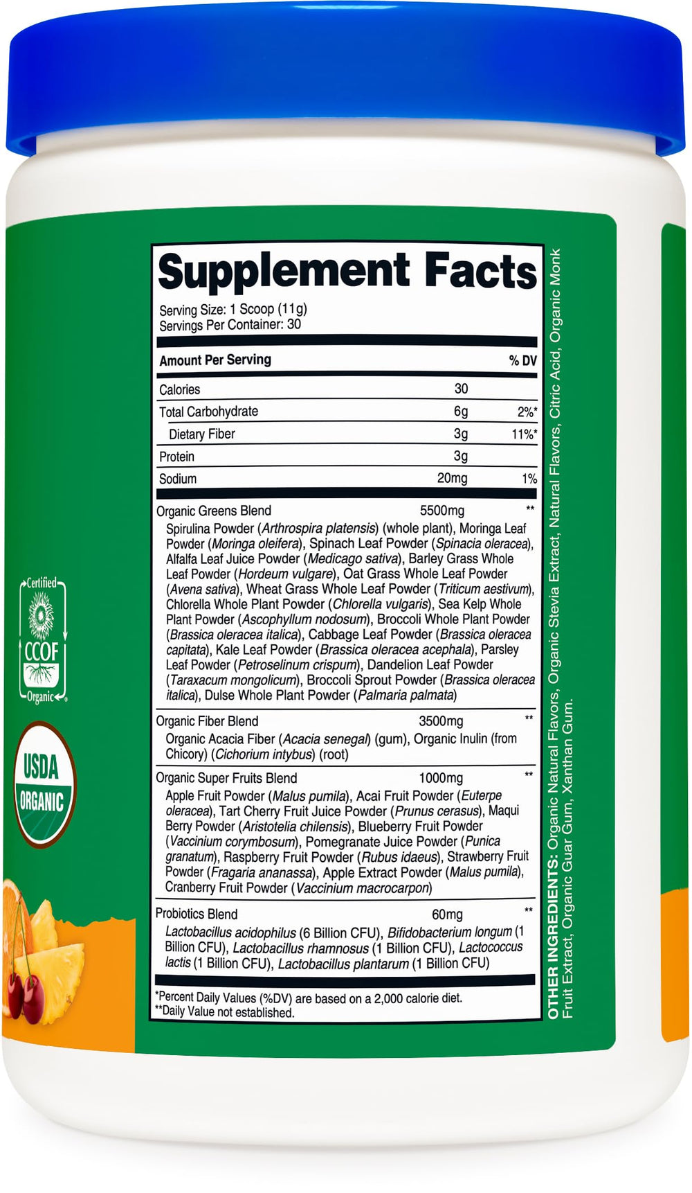 Nutricost Organic Super Greens ingredients blend on label highlights organic greens for daily nutrition.