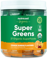 Nutricost Organic Super Greens Orange Sunrise packaging shows a gluten-free daily option.