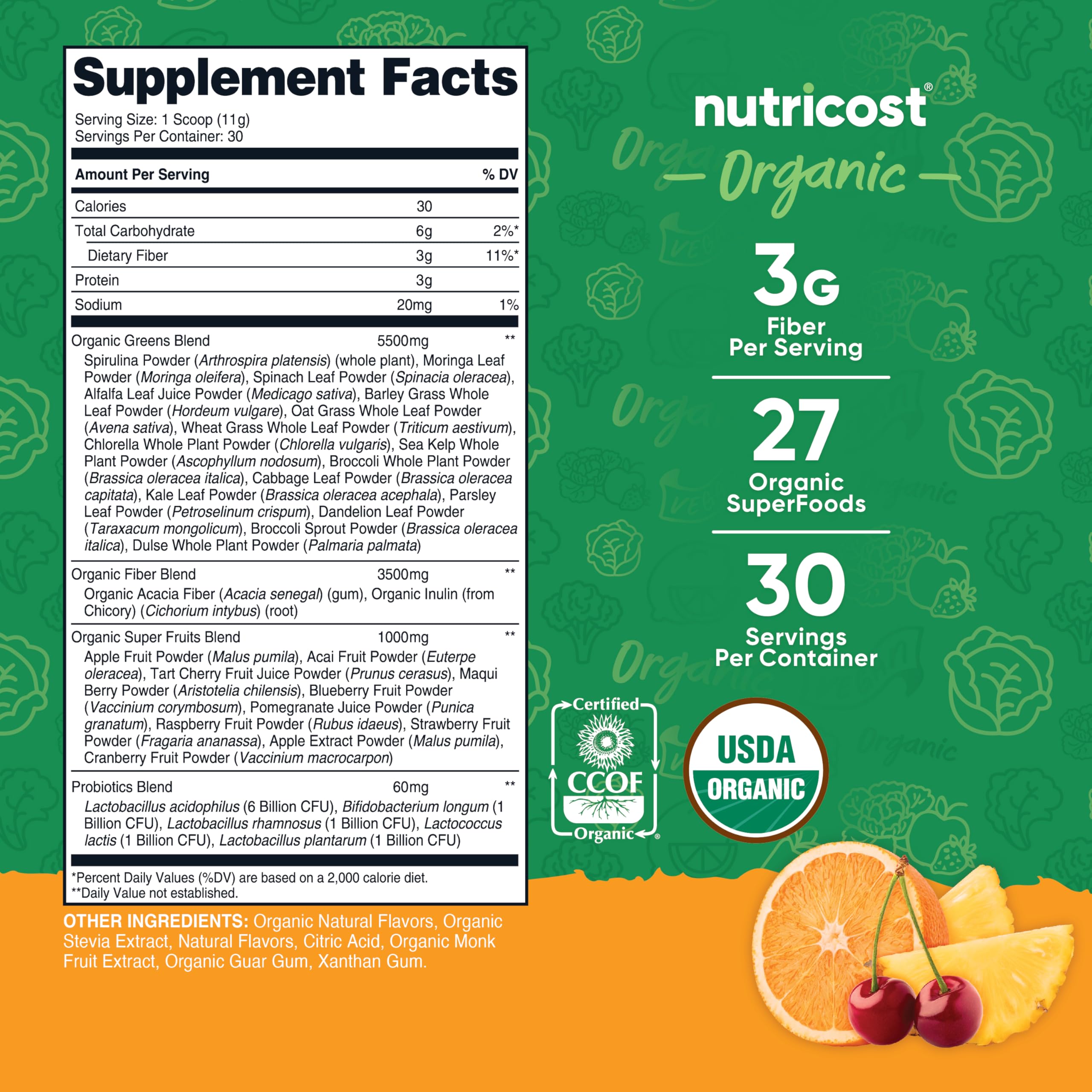 Nutricost Organic Super Greens orange sunrise pour ready to mix into drinks.