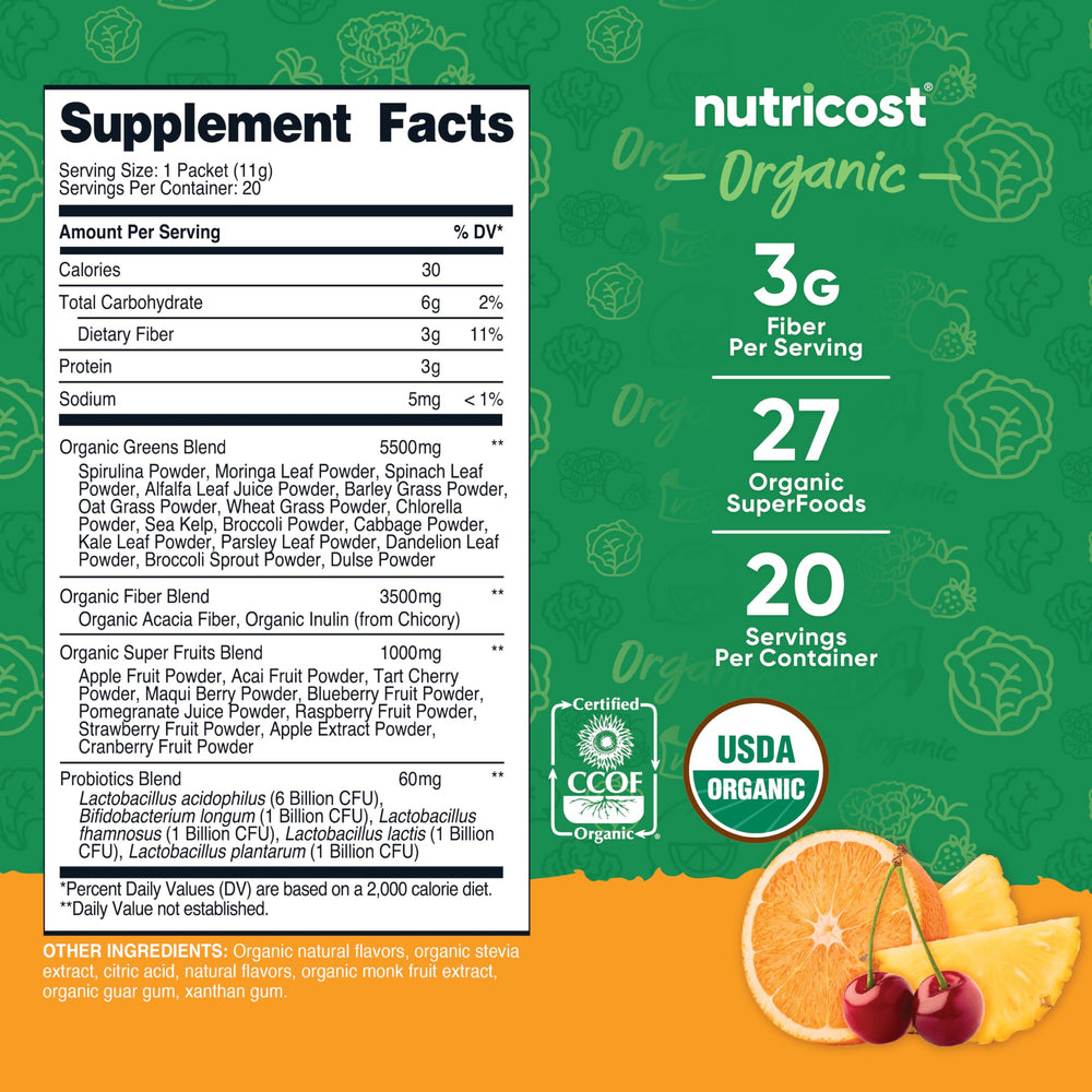 Nutricost Organic Super Greens Orange Sunrise stickpack opens for on-the-go mix.