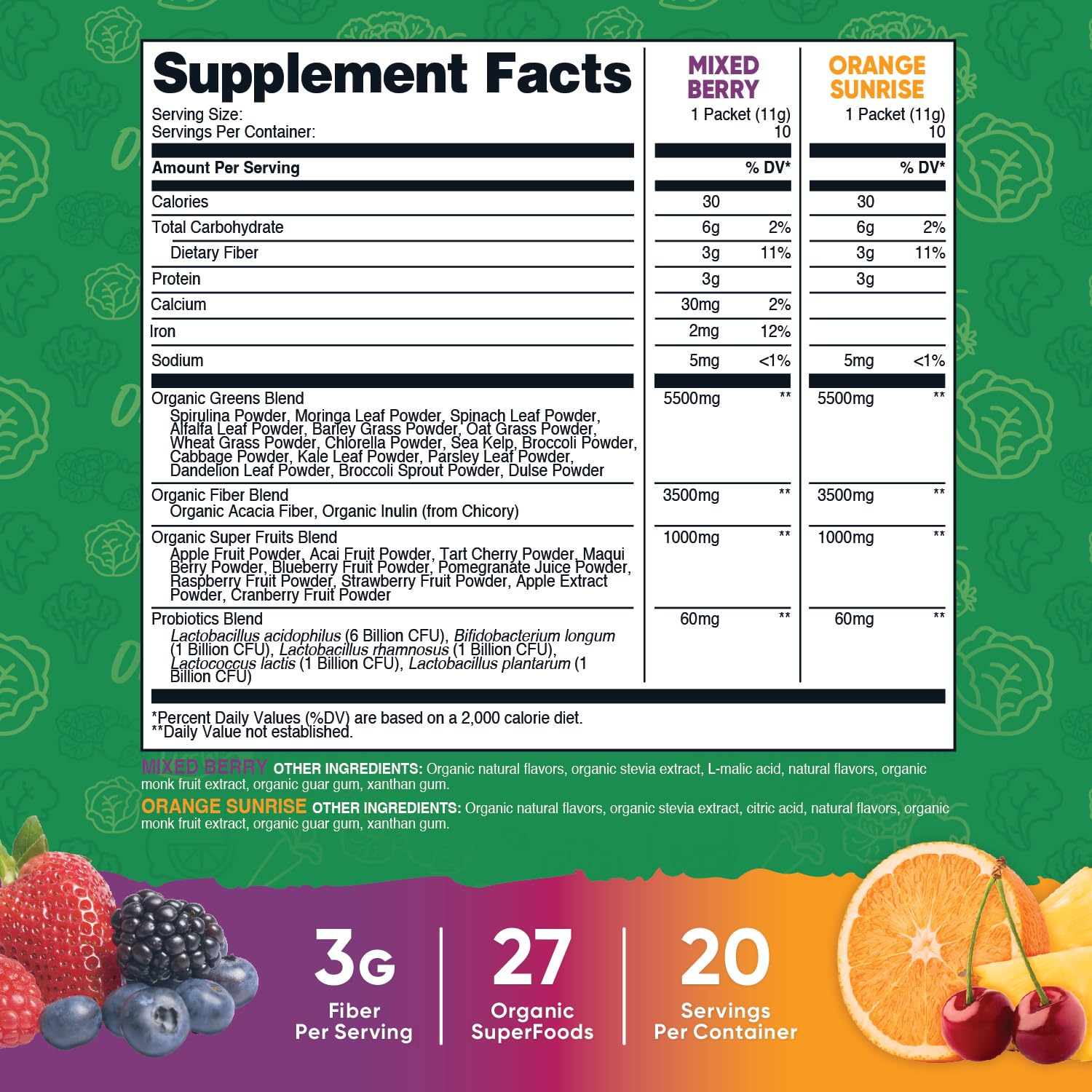 Nutricost Organic Super Greens orange sunrise stickpack with bright citrus flavor for on-the-go refreshment.