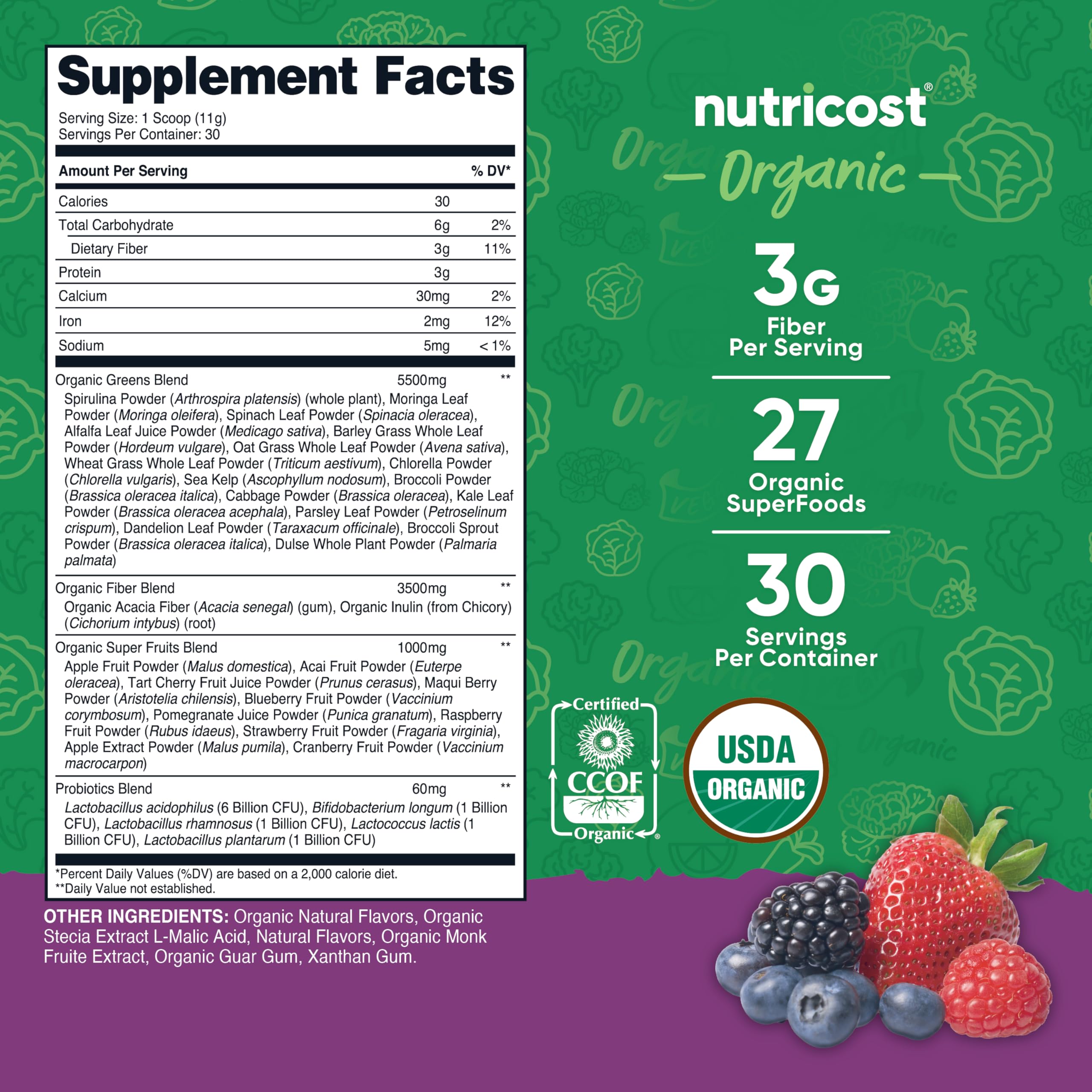 Nutricost Organic Super Greens powder scoop measuring servings for easy daily mix