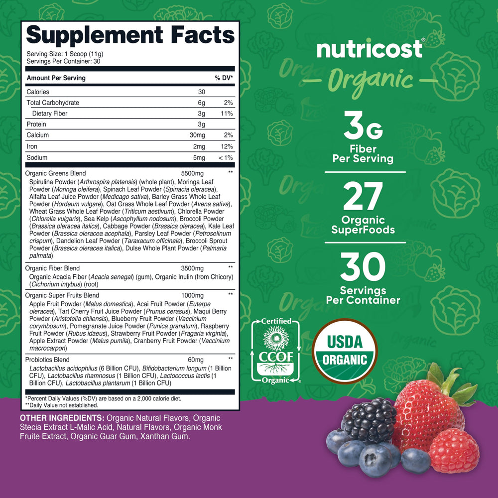 Nutricost Organic Super Greens powder scoop measuring servings for easy daily mix