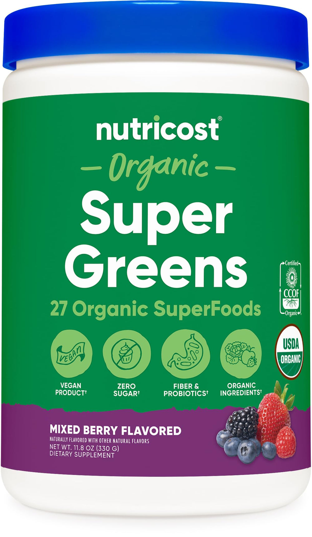 Nutricost Organic Super Greens bottle front with mixed berry flavor for daily wellness boost