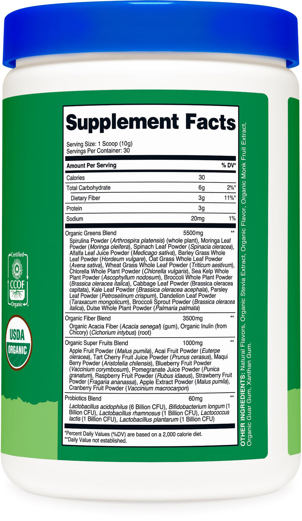 Nutricost Organic Super Greens powder in a mug for quick nutrition.