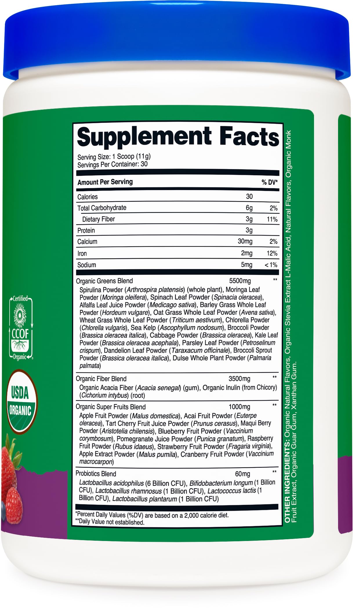 Nutricost Organic Super Greens powder in a colorful smoothie showcasing berry flavor