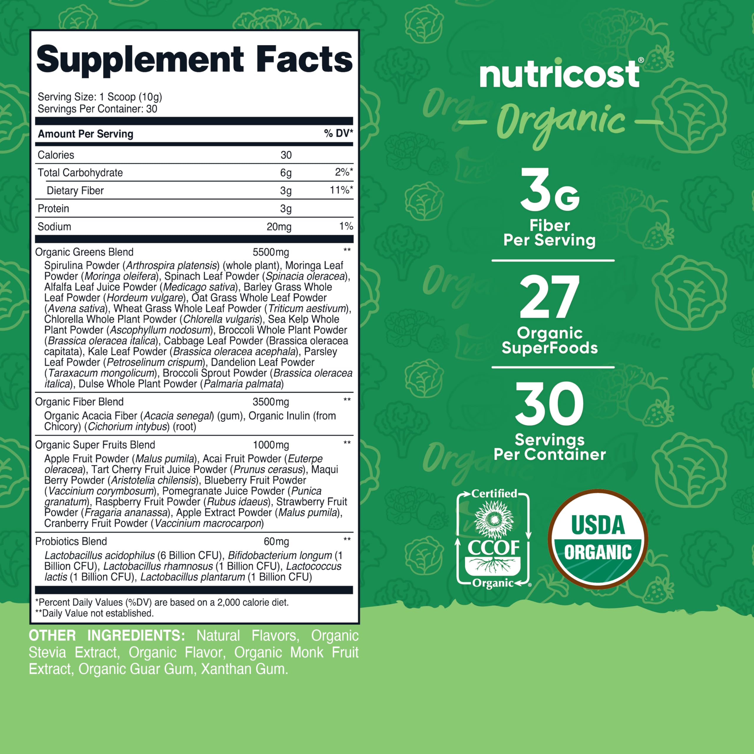 Nutricost Organic Super Greens scoop beside powder for precise, fiber-rich portions.