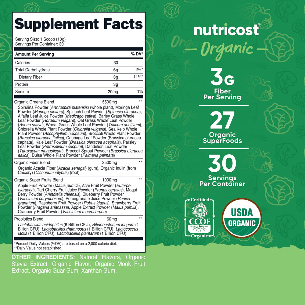 Nutricost Organic Super Greens scoop beside powder for precise, fiber-rich portions.