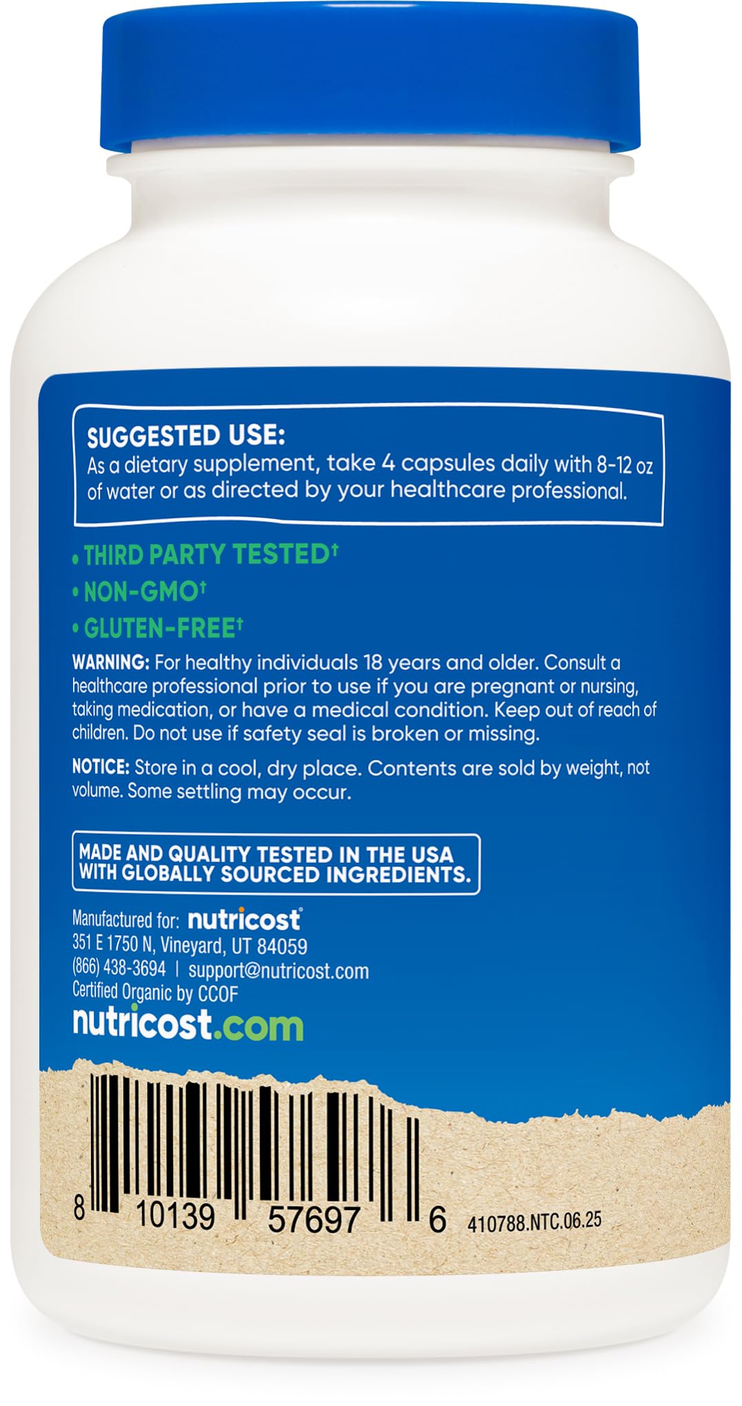 Nutricost Organic Triphala packaging displays organic and vegan claim.