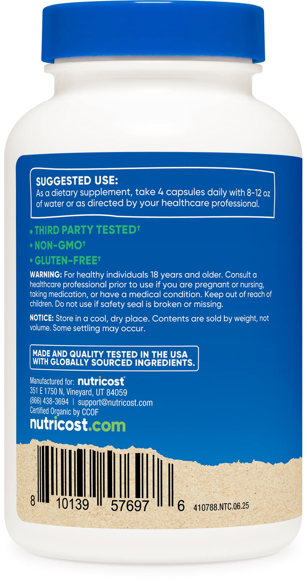 Nutricost Organic Triphala packaging displays organic and vegan claim.