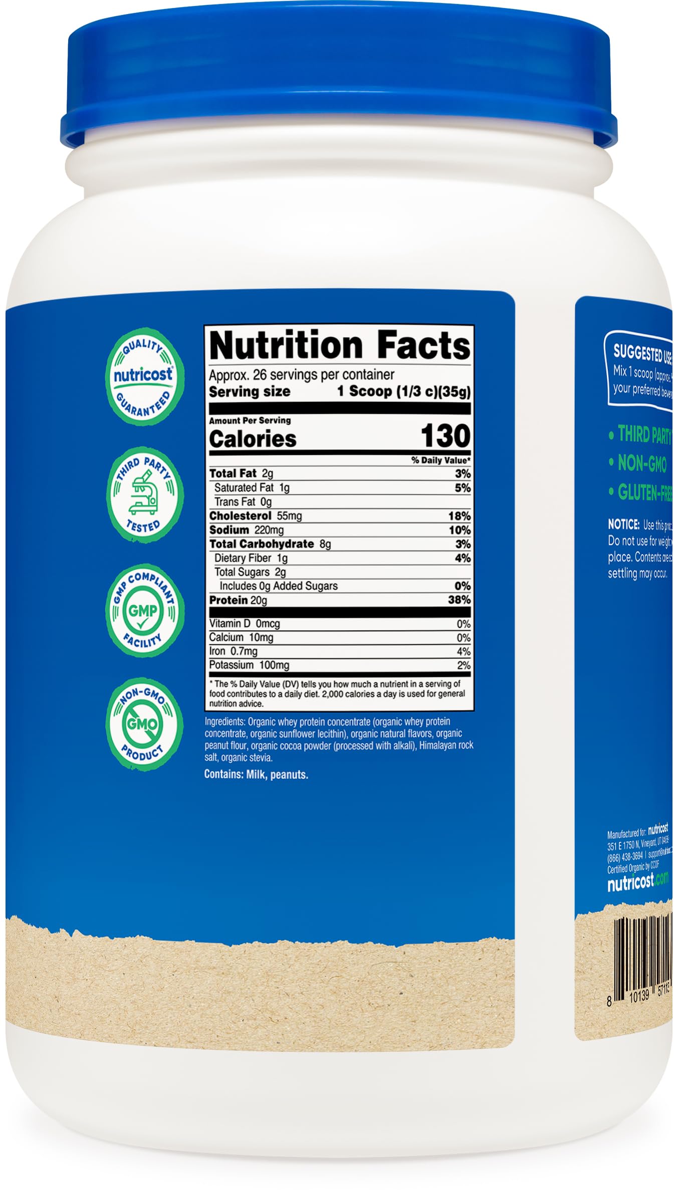 Nutricost Organic Whey Protein Concentrate bag open on kitchen counter for easy use