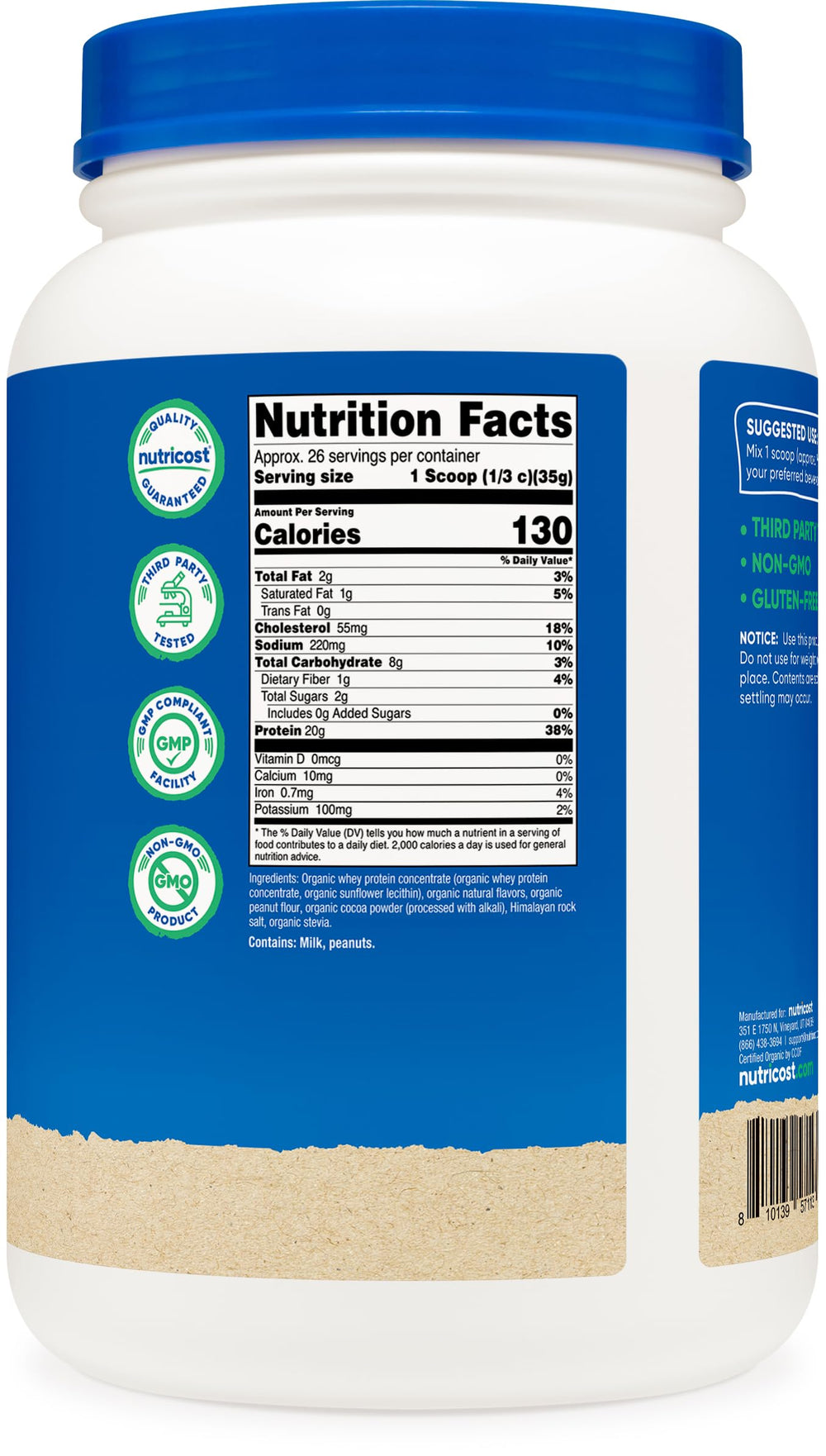 Nutricost Organic Whey Protein Concentrate bag open on kitchen counter for easy use