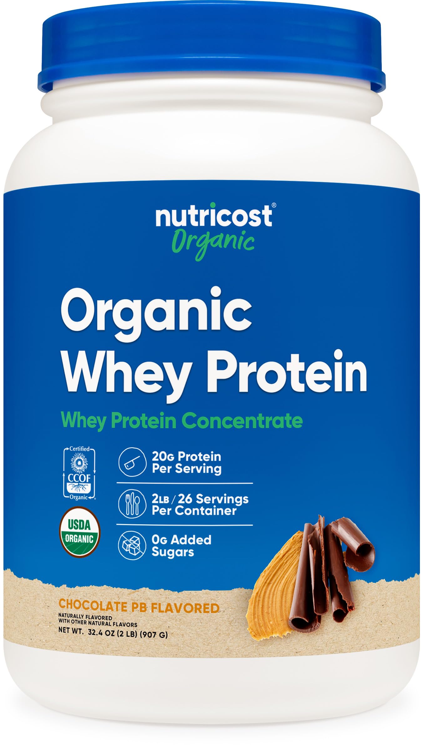 Nutricost Organic Whey Protein Concentrate chocolate peanut butter container front, ideal post workout fueling