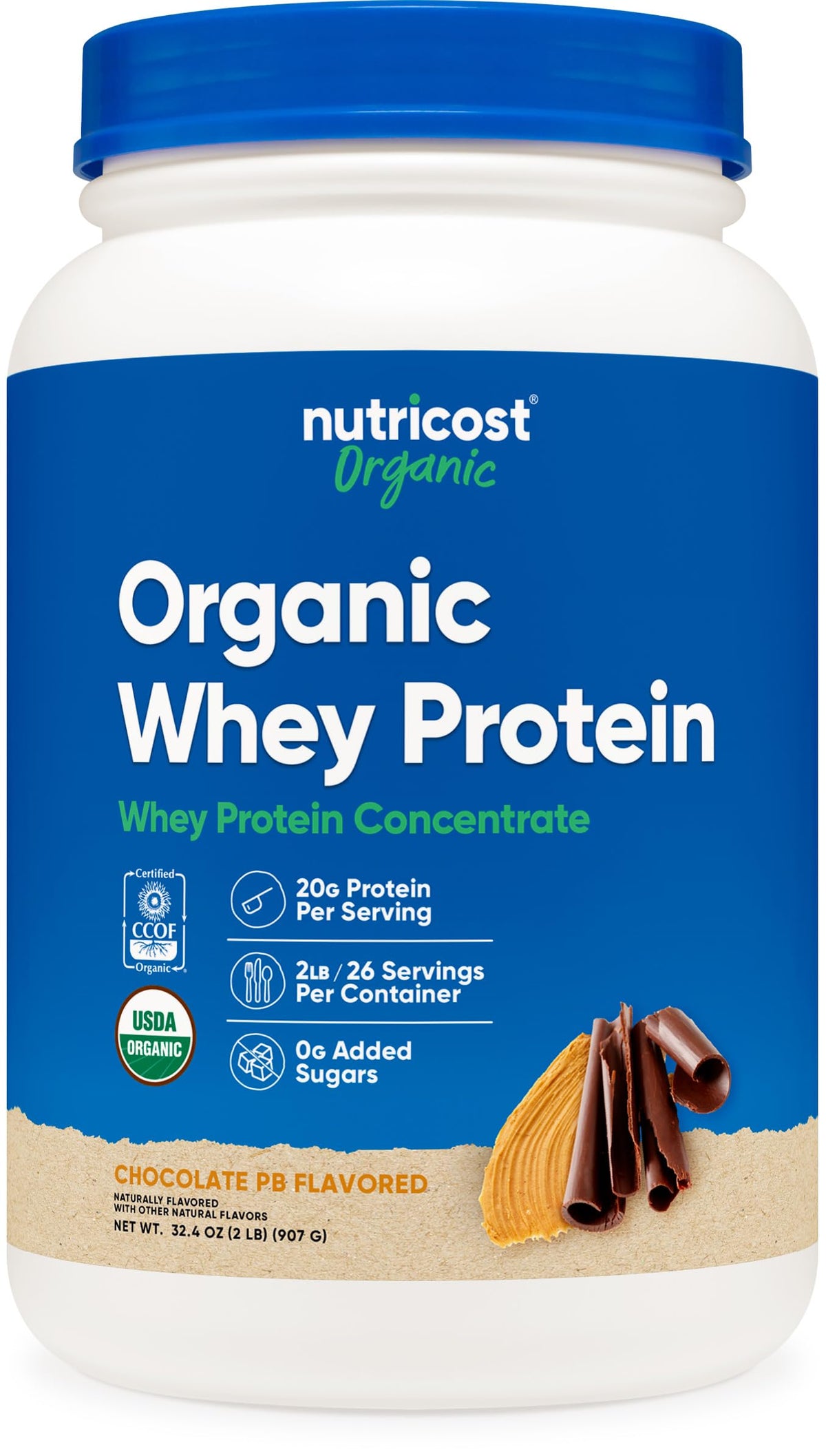 Nutricost Organic Whey Protein Concentrate chocolate peanut butter container front, ideal post workout fueling