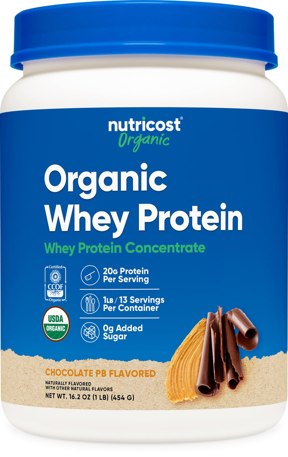 Nutricost Organic Whey Protein Concentrate jar with chocolate peanut butter flavor, ideal for after-workout shakes