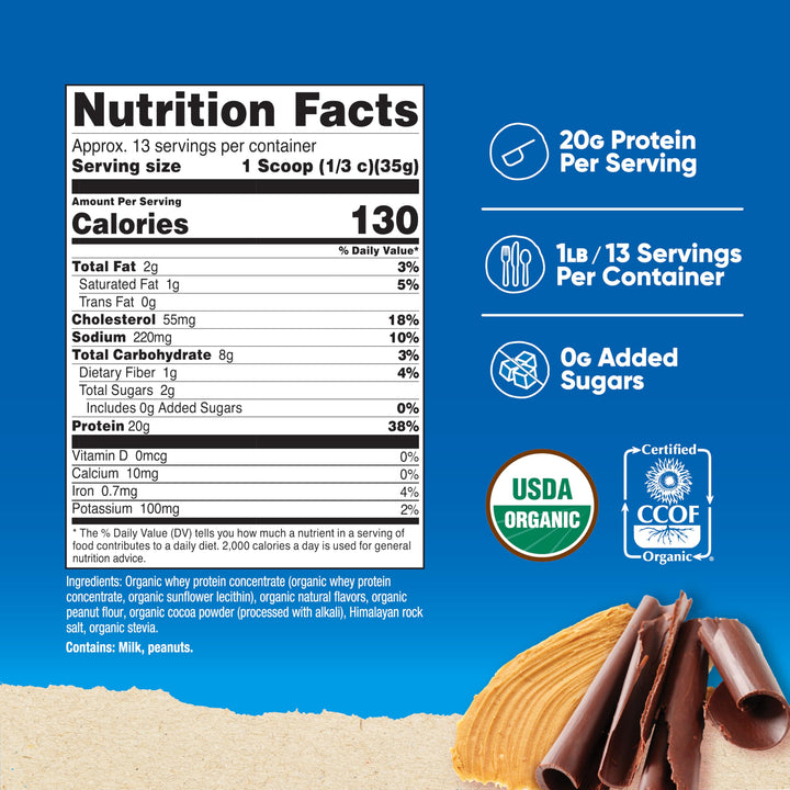 Nutricost Organic Whey Protein Concentrate tub showing chocolate peanut butter flavor