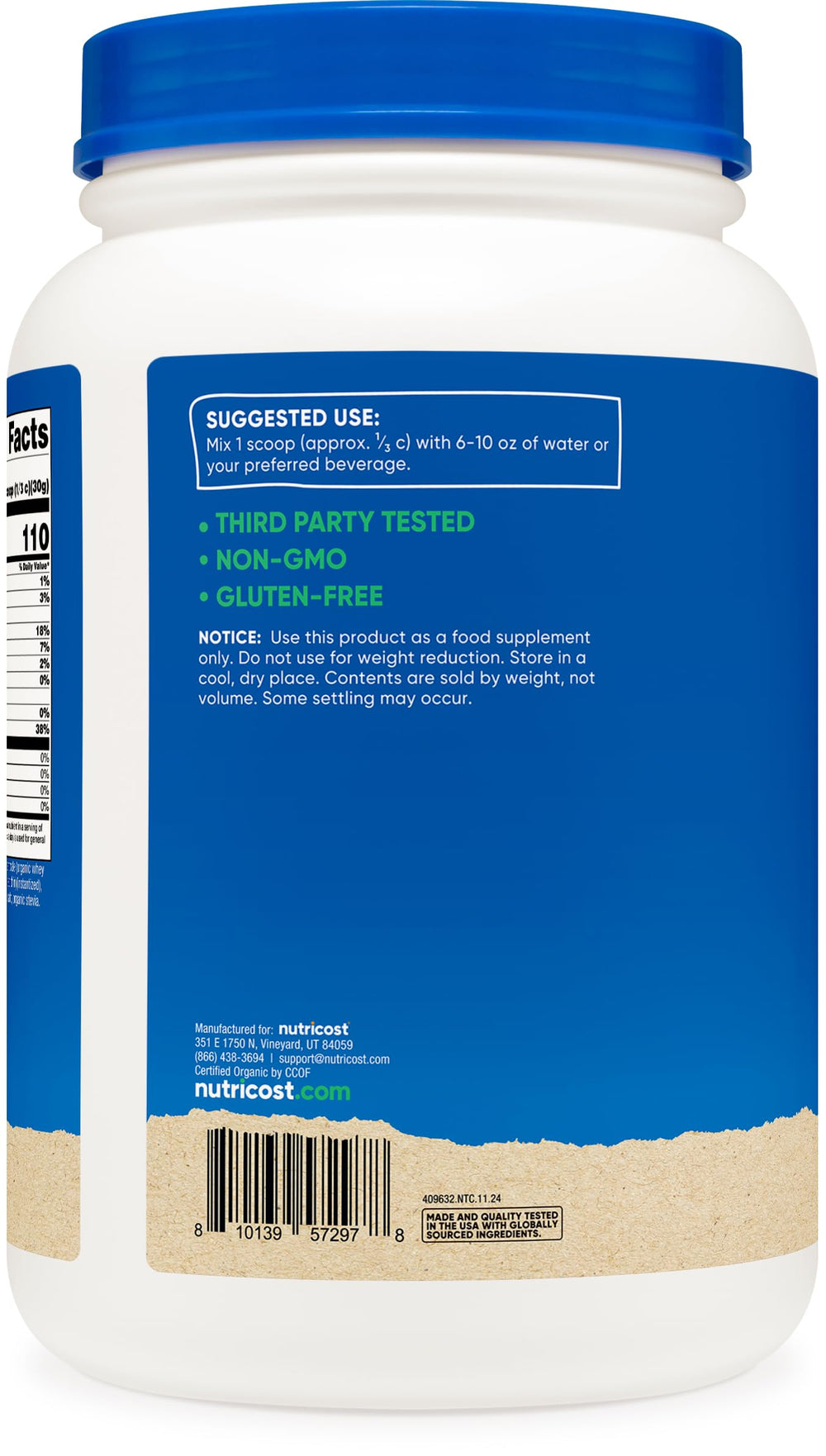 Nutricost whey protein concentrate scoop in bowl illustrating serving size