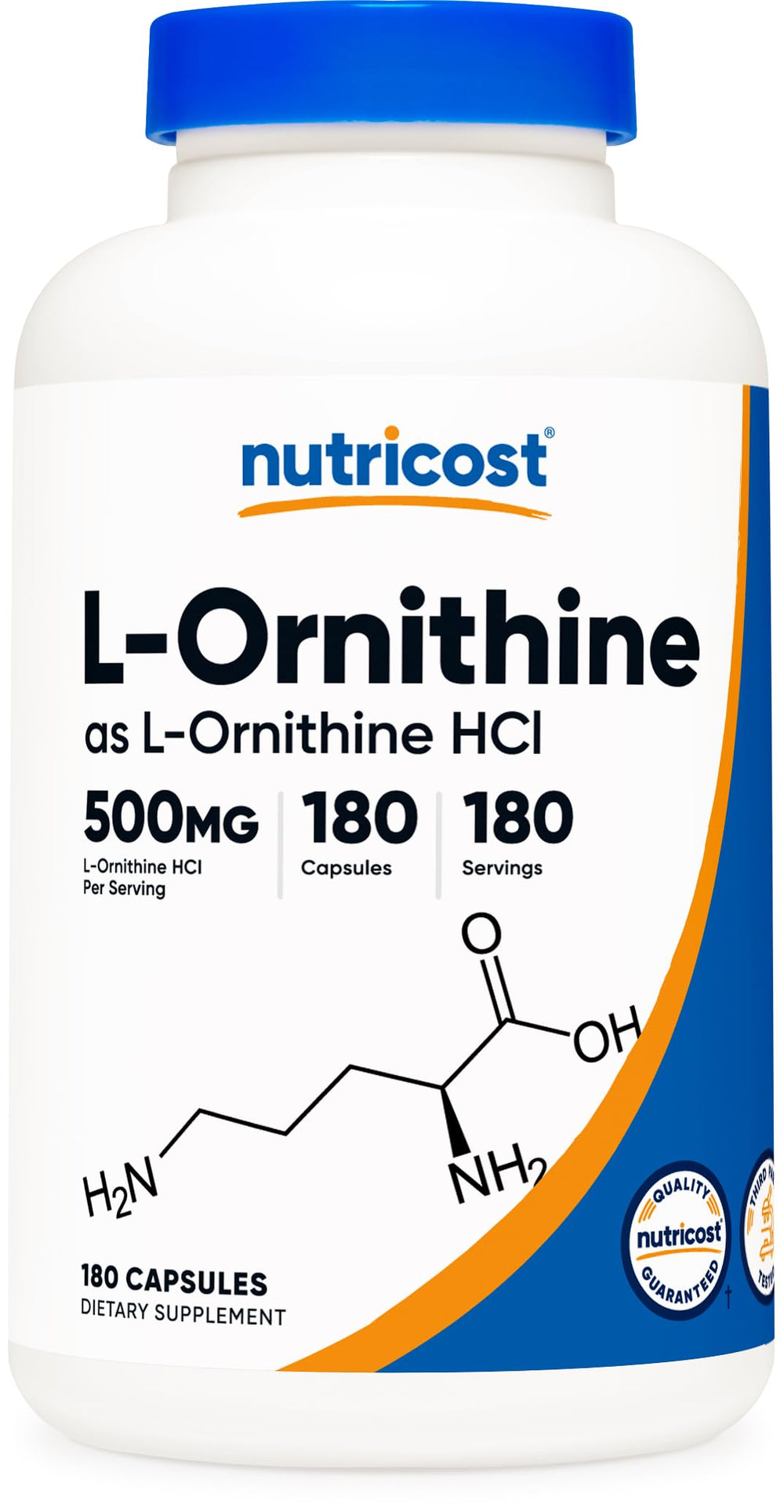Nutricost L-Ornithine 500mg bottle with easy-to-swallow capsules for daily use.