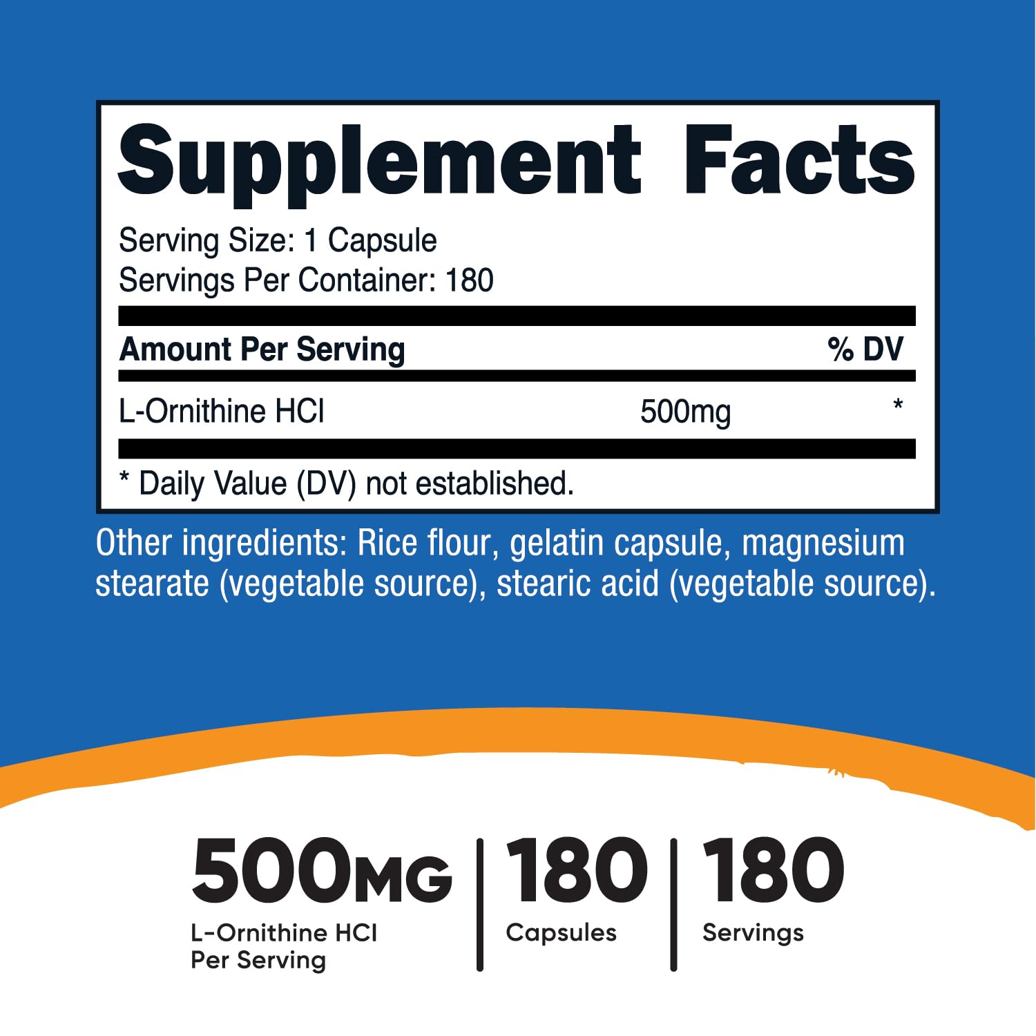 Nutricost L-Ornithine capsules in a 180-count bottle for convenient daily supplementation.