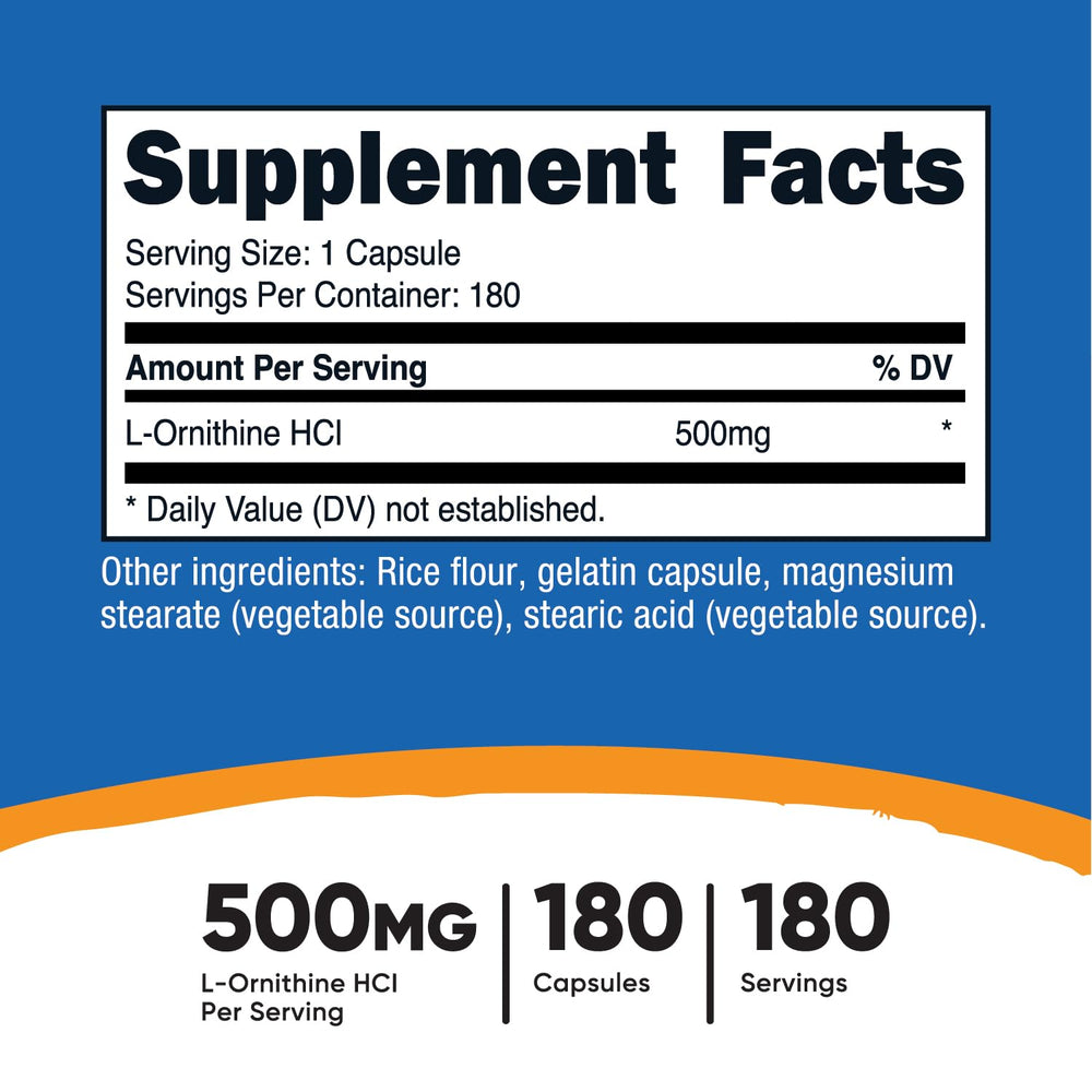Nutricost L-Ornithine capsules in a 180-count bottle for convenient daily supplementation.