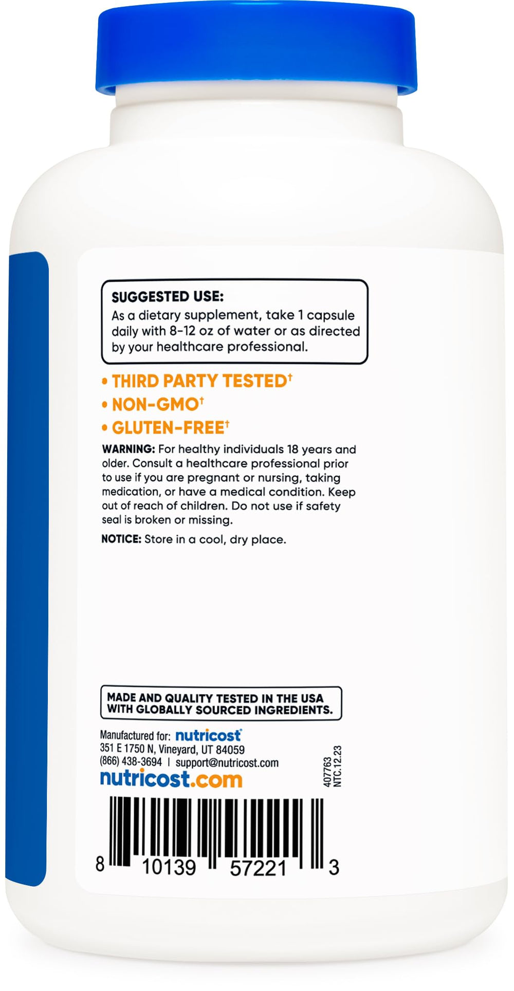 Nutricost packaging label highlighting non-GMO and gluten-free formulation.