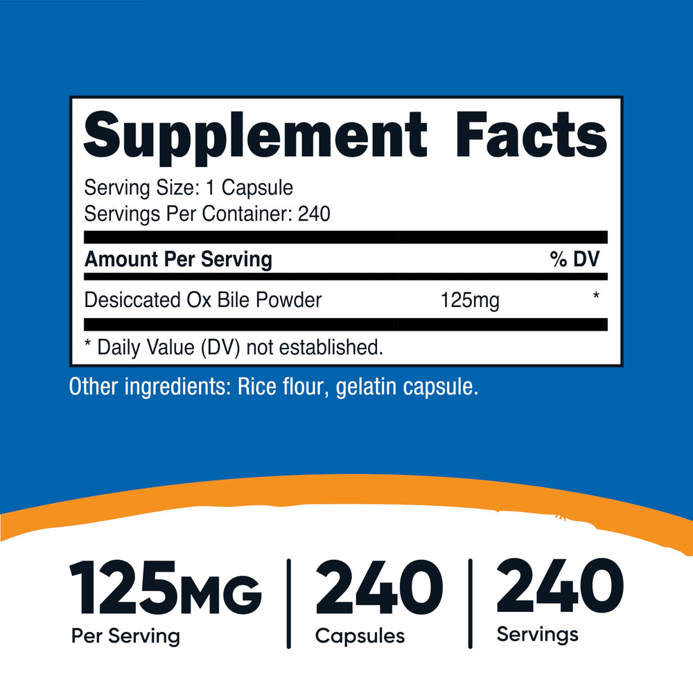 Nutricost Ox Bile Capsules close-up of compact capsules for dosing