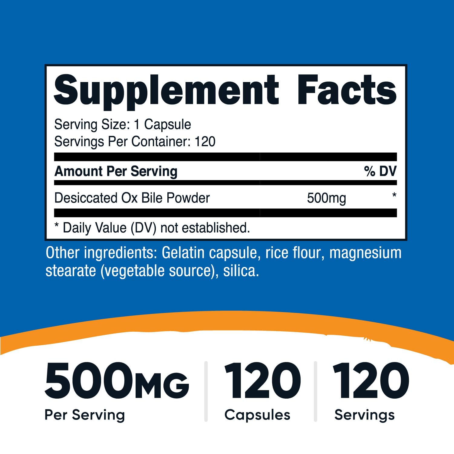 Nutricost Ox Bile capsules close-up showing 500mg per serving for flexibility.