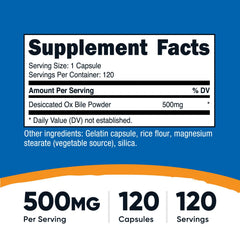 Nutricost Ox Bile capsules close-up showing 500mg per serving for flexibility.