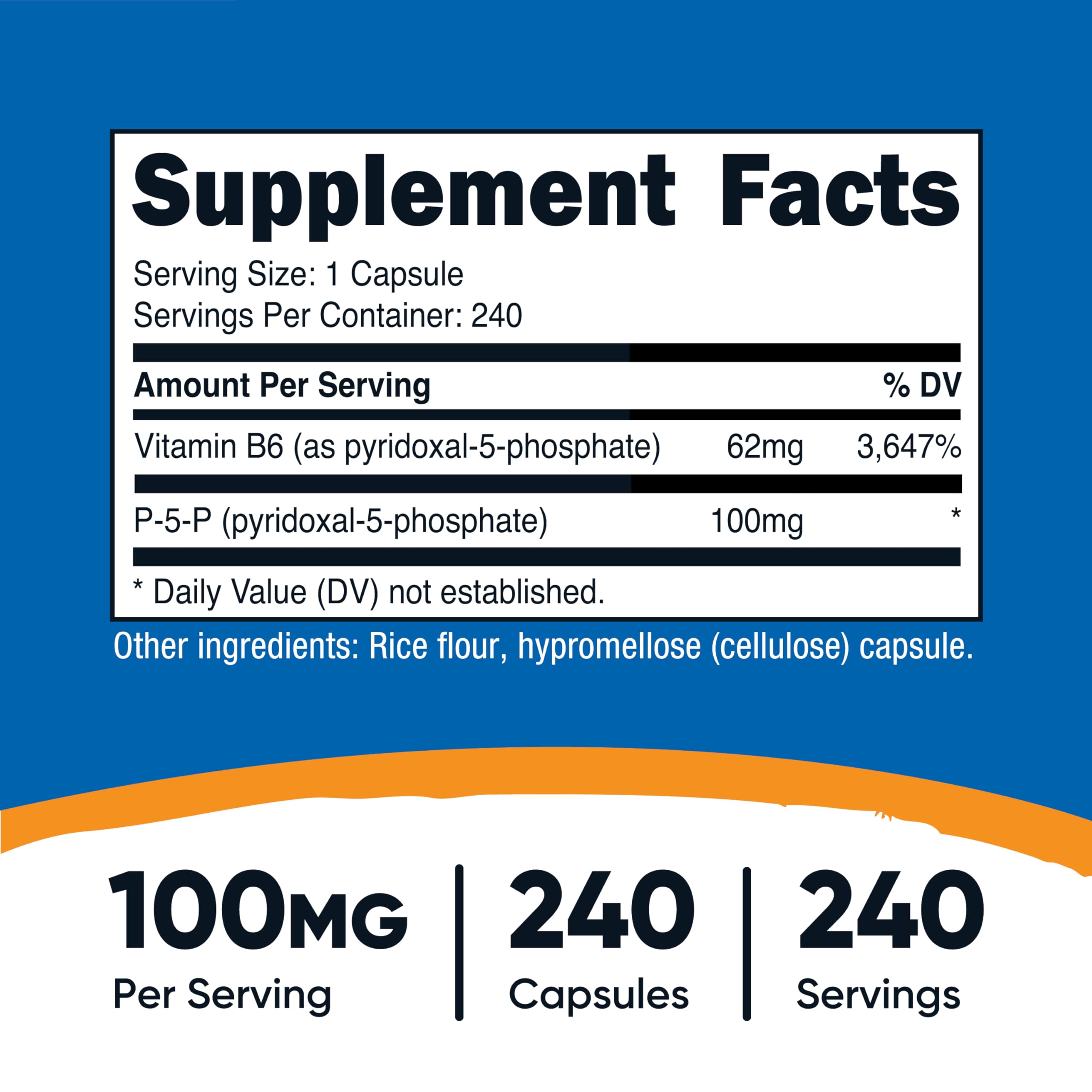 Nutricost P5P capsules closeup; 100 mg per capsule for everyday wellness.