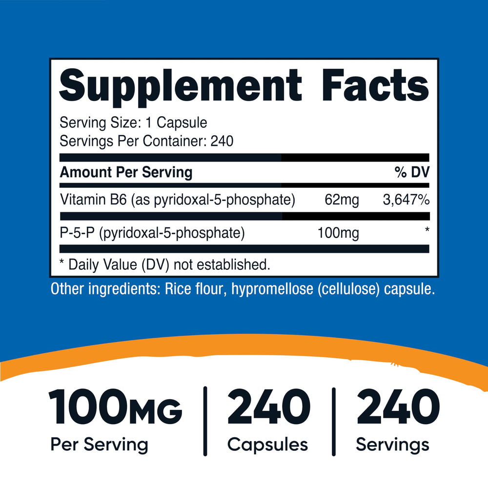 Nutricost P5P capsules closeup; 100 mg per capsule for everyday wellness.