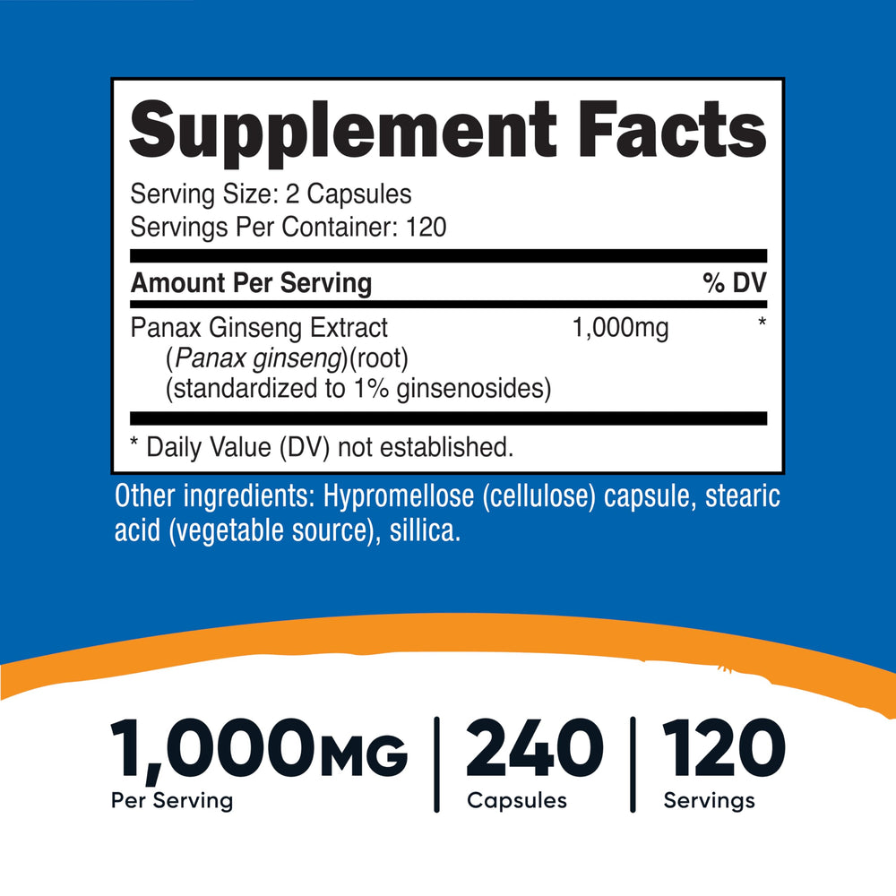 Nutricost Panax Ginseng 240 capsules jar on shelf for daily wellness routine.