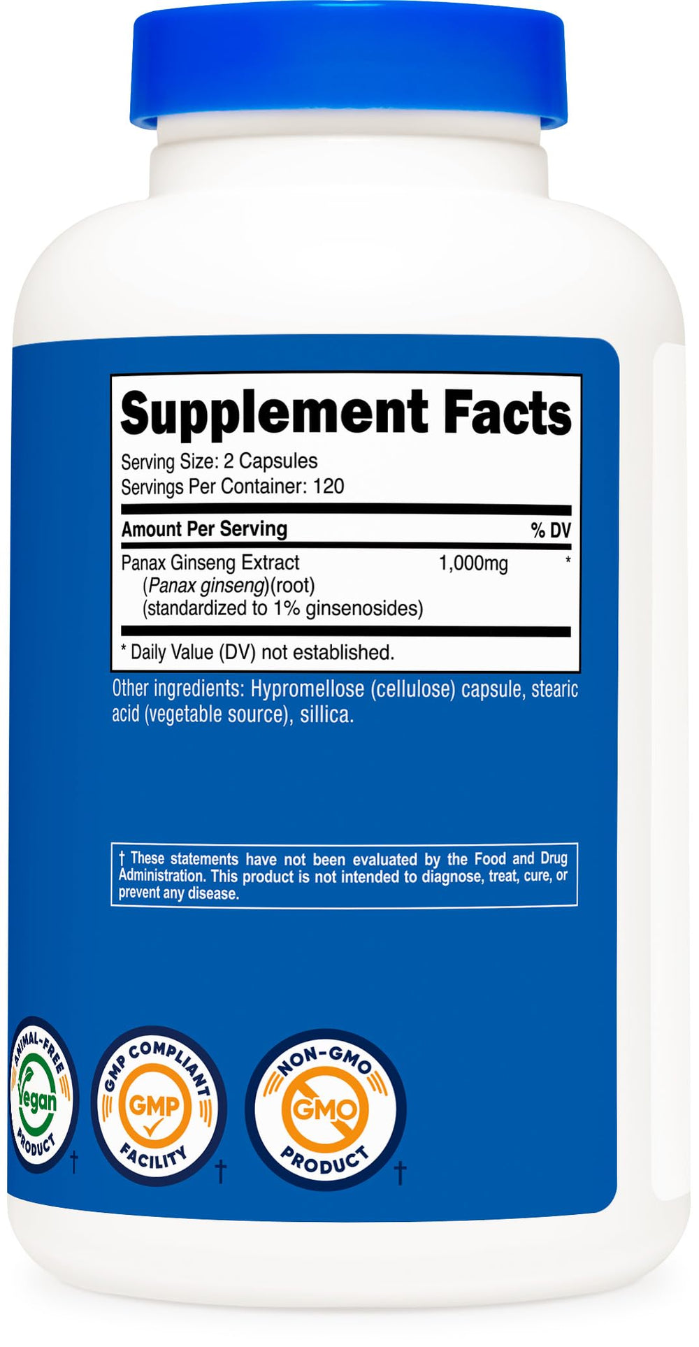 Nutricost Panax Ginseng packaging emphasizes gluten-free and non-GMO claims.