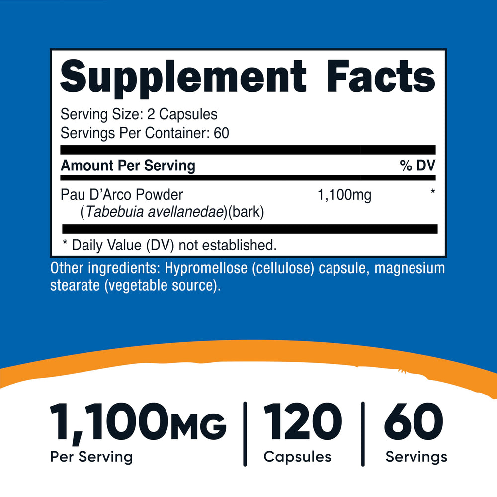 Nutricost PAU D'Arco capsules closeup, easy-to-swallow daily supplement.