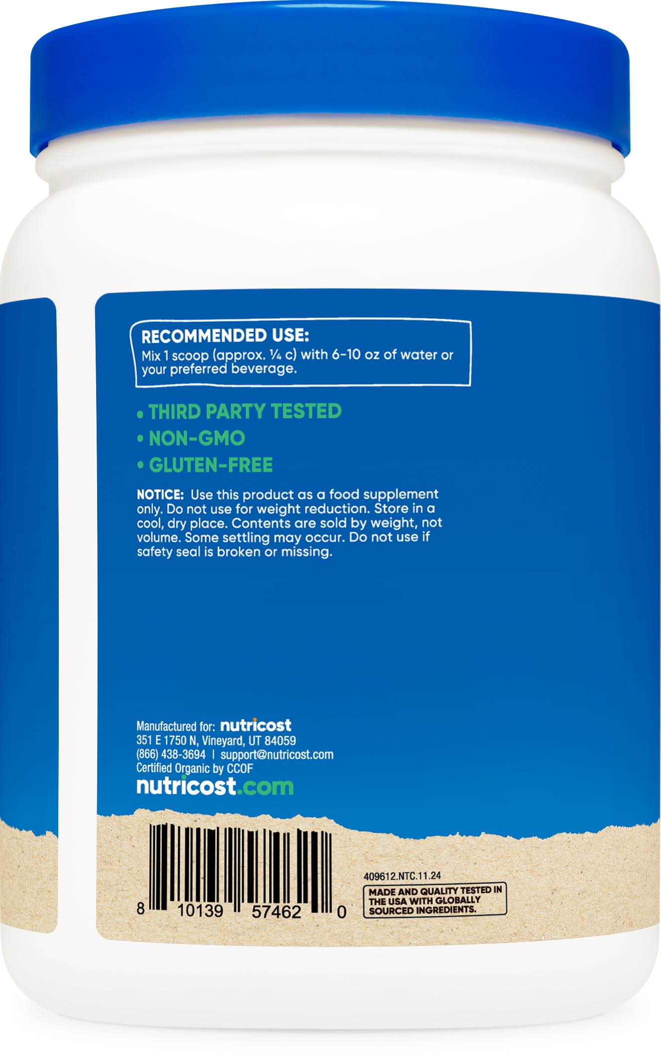 Nutricost Organic Pea Protein Powder Chocolate GMP facility badge emphasizes quality control