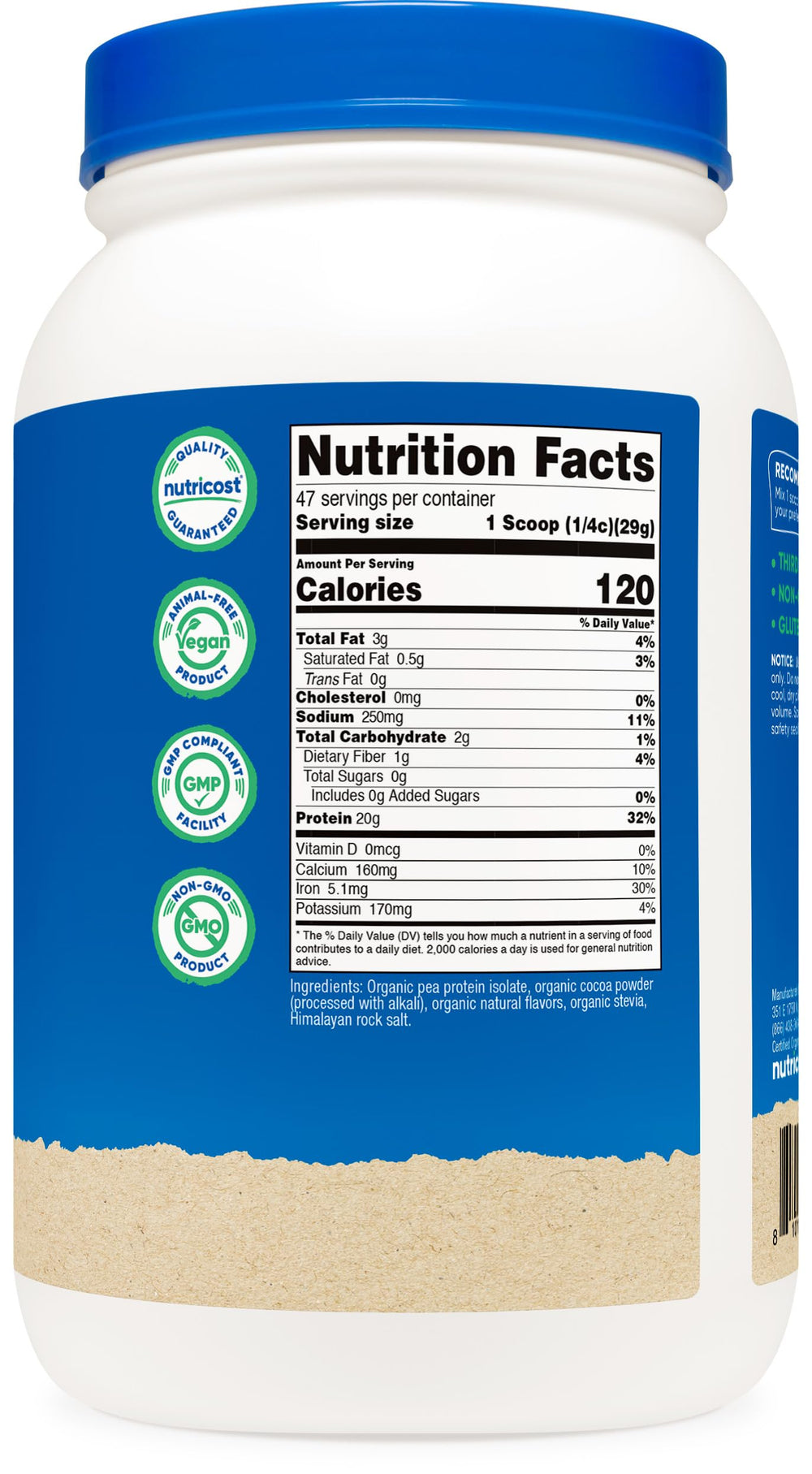 Nutricost pea protein smoothie cup demonstrates dairy-free shake for on-the-go energy.