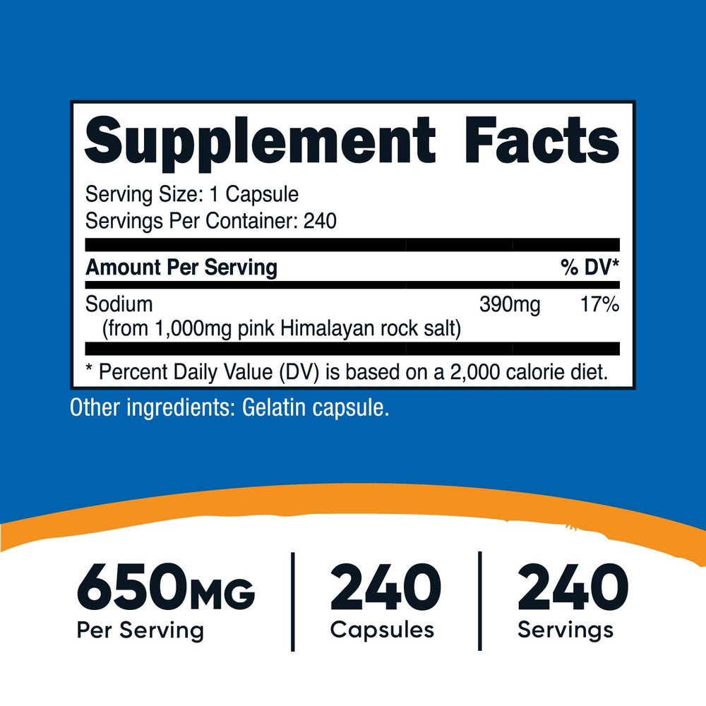 Nutricost Pink Himalayan Salt Capsules label provides clear product details for informed choices