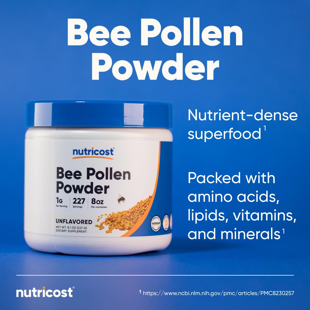 Botella con 227 porciones de Nutricost Polen de Abeja para planificación semanal.