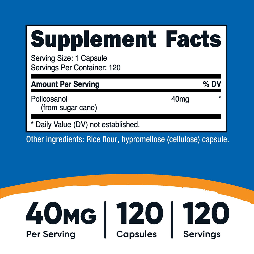Nutricost Policosanol 40mg capsules in bottle, vegan-friendly daily supplement.