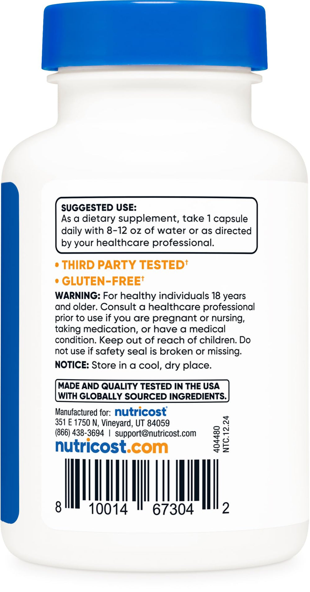 Gluten-free and non-GMO claim on Nutricost Policosanol label.