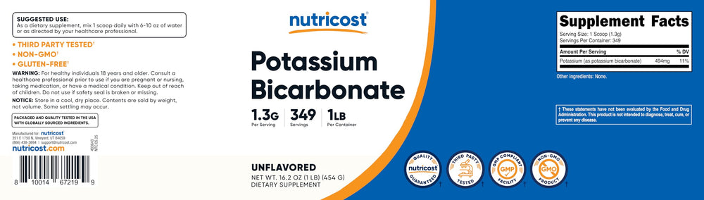 Nutricost Potassium Bicarbonate Powder in a clear jar with clean label.