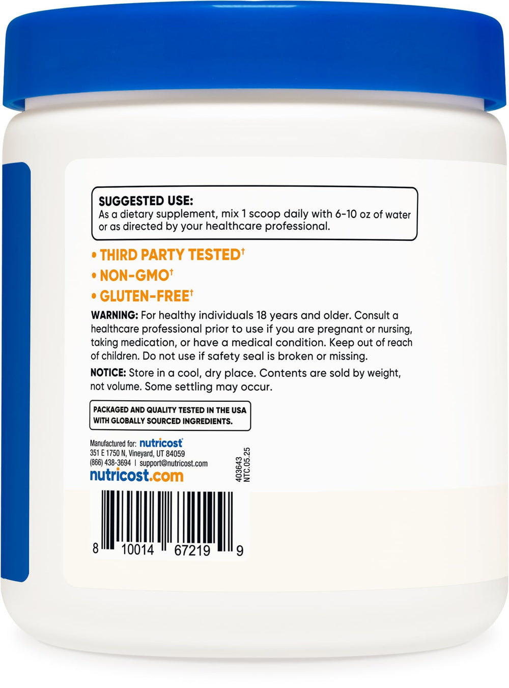 Nutricost Potassium Bicarbonate Powder packaging shows non-GMO and gluten-free traits.