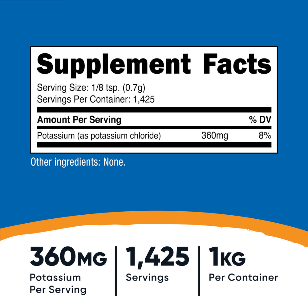 Nutricost Potassium Chloride Powder scoop demonstrates precise 1/8 tsp serving