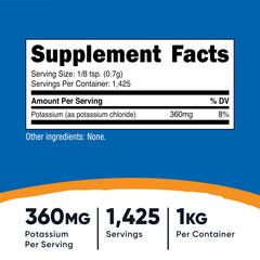 Nutricost Potassium Chloride Powder scoop demonstrates precise 1/8 tsp serving