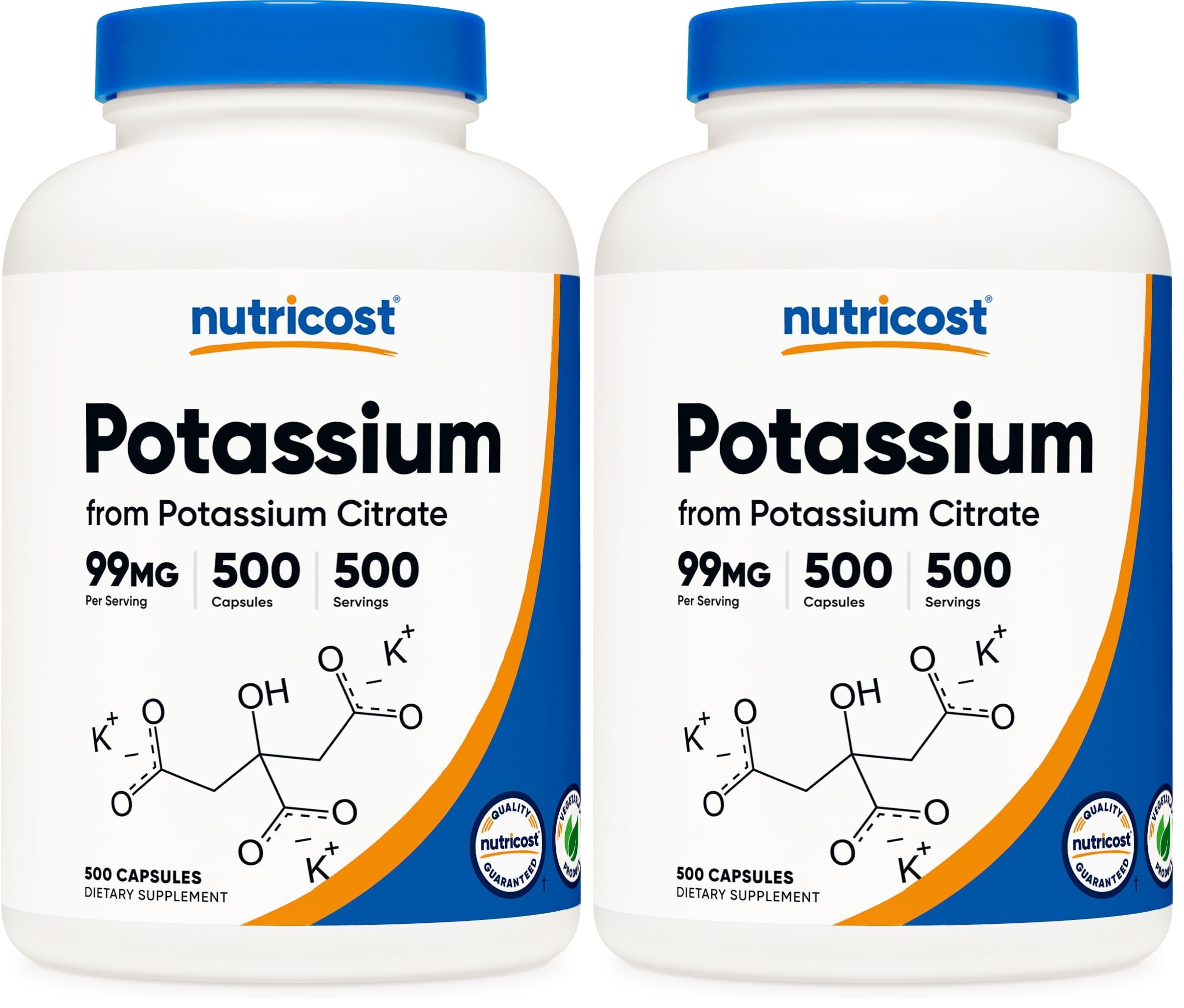 Nutricost Potassium Citrate bottle label showing 99 mg per capsule for daily potassium intake