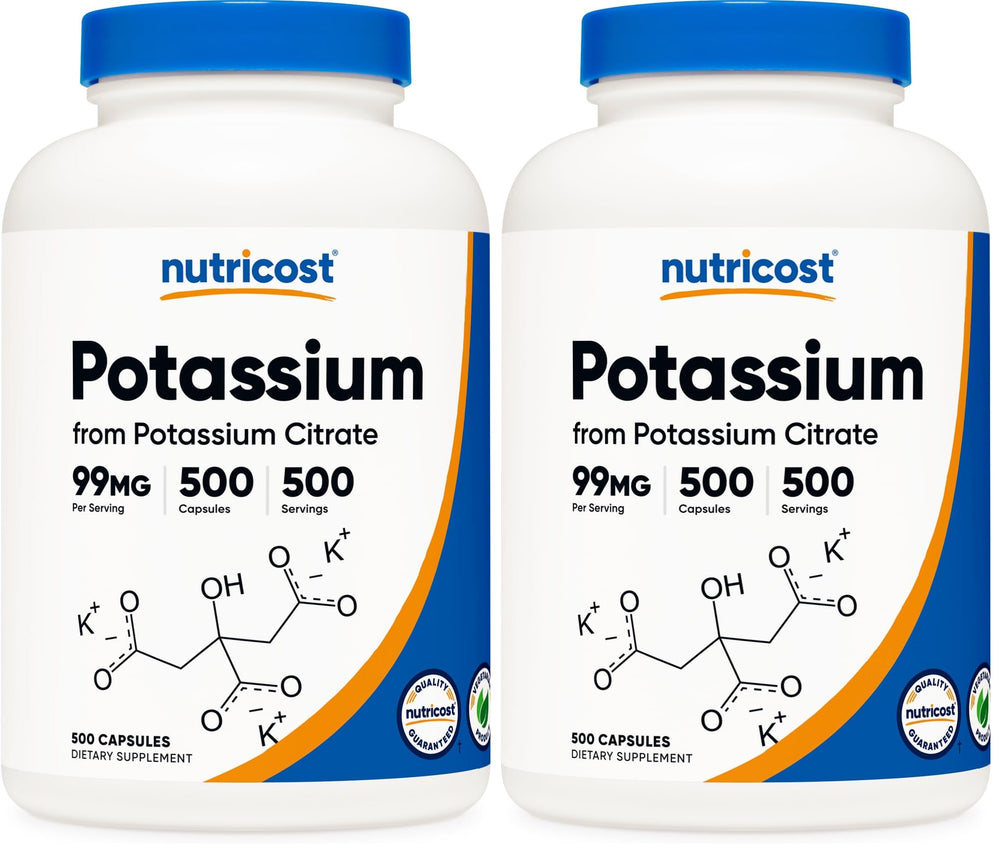 Nutricost Potassium Citrate bottle label showing 99 mg per capsule for daily potassium intake